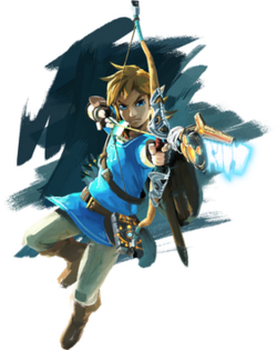Artwork of Link dressed in a blue tunic and shooting an arrow