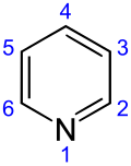 Skeletal formula of pyridine, showing the numbering convention