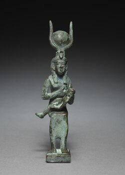 Ancient Egyptian statuette of Isis and Horus; 305–30 BCE; solid cast of bronze; 4.8 × 10.3 cm; Cleveland Museum of Art (Cleveland, Ohio, US)