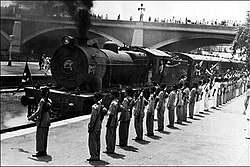 Train to Pakistan being given an honour-guard send-off. New Delhi railway station, 1947.