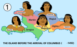 The island before the arrival of Columbus, showing the Chiefdoms of Hispaniola. Upon the arrival of the Spanish to the island, it is estimated that there was a population of 3 million Taino Indians. However, by 1547, only 150 Taino Indians remained on the island.