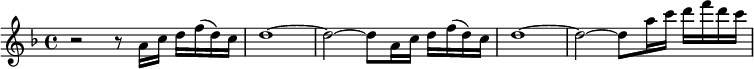 
 \relative a' {
   \key f \major
   \time 4/4
r2 r8 a16 c16 d16 f16 (d16) c16 d1~ d2~ d8
a16 c16 d16 f16 (d16) c16 d1~ d2~ d8
a' 16 c16 d16 f16 d16 c16
}
