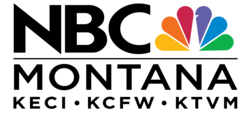 The letters NBC and the NBC peacock, a six-colored, six-feathered stylized bird, above a thin black line and the word MONTANA below the line. On a third line are the call letters: K E C I, K C F W, and K T V M.