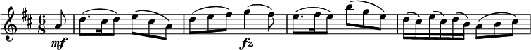 
\relative a' {
  \key d \major \time 6/8
  \partial 8 a8 \mf
  d8.( cis16 d8) e( cis a)
  d8( e fis) g4( \fz fis8)
  e8.( fis16 e8) b'( g e)
  d16( cis) e( cis) d( b) a8( b cis)
}
