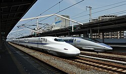 Two types of Shinkansen high-speed trains in Japan