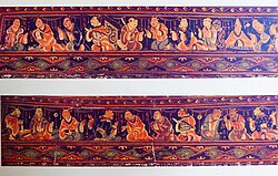 A painted scene on a lacquerware basket showing kneeling and seated human figures in silk robes conversing