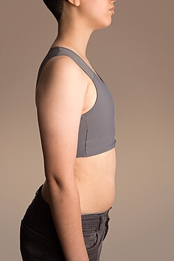 Partial profile view of a trans man wearing a grey binder