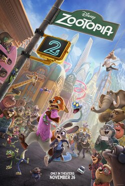 Various characters running below traffic signs showing the film's title