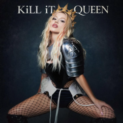 Portrait of Max sitting on the chair with crown agaisnt dark backgroud, where the title "KiLL iT QUEEN" is embedded