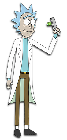 An elderly man with spiky light blue hair, wearing a lab coat and holding a device in his left hand. He has a unibrow and some green saliva coming out of his mouth.