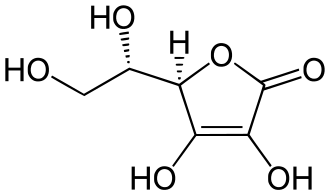 2D representation of the chemical structure of Vitamin C.