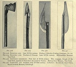 Several medieval battle axes including a 15th-century Austrian bardiche