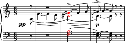 {
      \new PianoStaff <<
        \new Staff <<
            \new Voice \relative c'' {
                \clef treble \key a \minor \time 6/8
                \voiceOne \partial8 r8 R2. \once \override NoteHead.color = #red gis4.->(~ gis4 a8 ais8-> b4~ b8) r r
                }
            \new Voice \relative c' {
                \override DynamicLineSpanner.staff-padding = #4.5
                \once \override DynamicText.X-offset = #-5
                \voiceTwo \partial8 a\pp( f'4.~\< f4 e8 \once \override NoteHead.color = #red dis2.)(\> d!4.)~\p d8 r r
                }
            >>
        \new Staff <<
            \relative c {
                \clef bass \key a \minor \time 6/8
                \partial8 r8 R2. \once \override NoteHead.color = #red <f b>2.( <e gis>4.)~ <e gis>8 r r
                }
            >>
    >> }