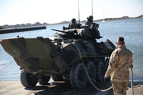 An LAV-25 conducts swim test at Marine Corps Base Camp Lejeune