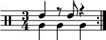 \new DrumStaff <<
\new voice \drummode {
\set Score.tempoHideNote = ##t \tempo 4 = 120
\time 3/4
\stemUp \repeat volta 2 { tommh4 r8 tommh r4 }
}
\new voice \drummode {
\stemDown \repeat volta 2 { tomfh4 tomfh tomfh }
}
>>