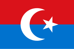 A horizontal bicolor of red-blue with a white crescent and star in the center