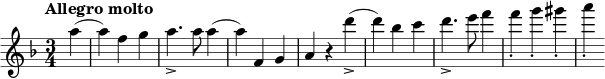 \new Staff <<
\set Staff.midiInstrument = #"violin"
\relative c''{
\clef treble
\key d \minor
\time 3/4
\tempo "Allegro molto" \tempo 2. = 80
\partial 4 a'4( 4) f g a4._> 8 a4( 4) f, g a r d'4_>( 4) bes c d4._> e8 f4 4_. g_. gis_. a_.
}
>>