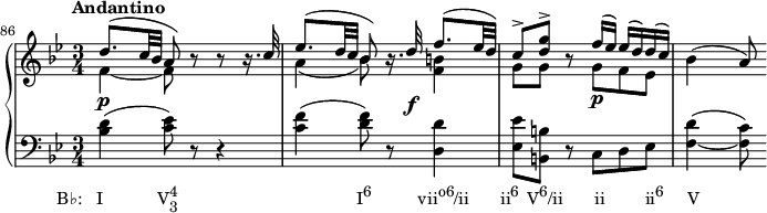 {
\override Score.SpacingSpanner.uniform-stretching = ##t
\set Score.proportionalNotationDuration = #(ly:make-moment 1/8)
\new PianoStaff <<
\new Staff <<
\new Voice \relative c'' {
\override DynamicLineSpanner.staff-padding = #4
\set Score.currentBarNumber = #86
\bar ""
\tempo "Andantino"
\key bes \major \time 3/4
\stemUp
d8.^( c32 bes a8) r r r16. c32
es8.^( d32 c bes8) r16. d32\f f8.^( es32 d)
c8^> <d g>^> r8 f16^( es) es^( d) d^( c)
\stemNeutral bes4( a8)
}
\new Voice \relative c' {
\stemDown
f4_~\p f8 s s4
a4_( bes8) s <f b>4
g8 g s g\p f es
}
>>
\new Staff <<
\new Voice \relative c' {
\clef F \key bes \major \time 3/4
<bes d>4(_\markup { \concat { \translate #'(-5.5 . 0) { "B♭: I" \hspace #7 "V" \combine \raise #1 \small 4 \lower #1 \small 3 \hspace #23 "I" \raise #1 \small "6" \hspace #6 "vii" \raise #1 \small "o6" "/ii" \hspace #4 "ii" \raise #1 \small "6" \hspace #1 "V" \raise #1 \small "6" "/ii" \hspace #4 "ii" \hspace #5.2 "ii" \raise #1 \small "6" \hspace #3 "V" } } }
<c es>8) r r4
<c f>4( <d f>8) r <d, d'>4
<es es'>8 <b b'> r c d es
<f_~ d'>4( <f c'>8)
}
>>
>> }