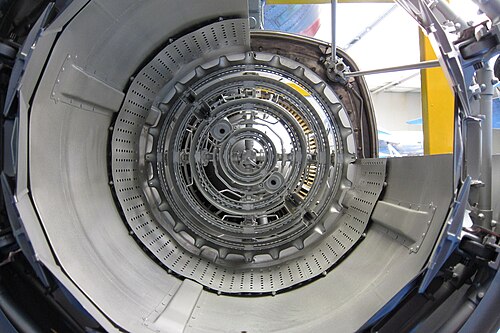 Adour afterburner rear view showing 4 concentric vapour gutters (flameholders) which supply fuel required for minimum boost, the majority of the fuel, known as fill fuel, for full boost comes from 4 concentric manifolds upstream of the gutters to produce flame across the whole afterburner except for cooling air along the duct surface. Also visible is the anti screech liner for preventing pressure fluctuations which can cause damage from overheating.[99]