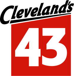 At top left and at an angle, "Cleveland's" in black script lettering. Underneath this, a red box with white "43" lettering.