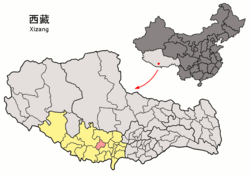 Location of Lhatse County (red) within Shigatse City (yellow) and Tibet