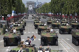 French soldiers, sailors and airmen marching down the Avenue des Champs-Élysées in Paris during the 14 July military parade