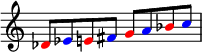 {
\override Score.TimeSignature #'stencil = ##f
\relative c' {
\clef treble \key c \major
\once \override NoteHead.color = #red des8 \once \override NoteHead.color = #blue es \once \override NoteHead.color = #red e! \once \override NoteHead.color = #blue fis \once \override NoteHead.color = #red g \once \override NoteHead.color = #blue a \once \override NoteHead.color = #red bes \once \override NoteHead.color = #blue c
} }