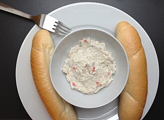 A traditional Slovak fish salad of cod in mayonnaise, treska s majonézou