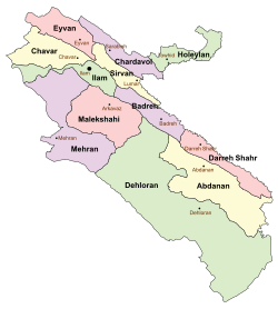 Location of Sirvan County in Ilam province (top right, yellow)