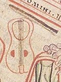 Early 13th century A.D., Aldersbach, Germany. Bowed lyre without fingerboard from, Bayerische Staatsbibliothek Munchen, BSB, CLM 2599, folio 96v.