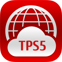 A logo consisting of a red background bearing a white wireframe globe, the bottom half of which is covered by a white cloud. The cloud bears the letters "TPS5" in red.