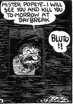 Black and white comic strip panel showing Bluto's first appearance