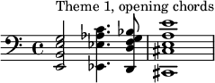 \relative c' {\clef "bass" <e,, b' e g>2^"Theme 1, opening chords" <ees ees' aes c>4. <d d' f g bes>8 <cis cis' e a e'>1} 