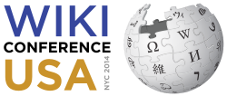 A logo with the text reading "Wiki Conference USA" on the left and the Wikipedia globe on the right