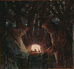 A 1909 illustration of kings in a dark forest
