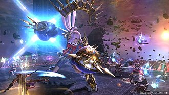 A boss in her arena surrounded by a group of players.