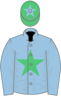 Light blue, emerald green star, emerald green cap, light blue star