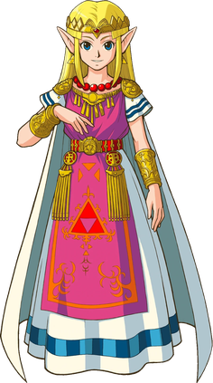 Artwork of Zelda wearing a long white and pink gown with gold ornamentation