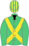 Emerald green, yellow cross belts, striped cap