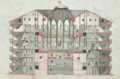 Section view of a panopticon prison drawn by Willey Reveley, circa 1791. The cells are marked with (H); a skylight (M) was to provide light and ventilation.[1]