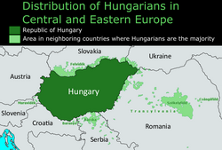 Ethnic map depicting the contemporary ethnic distribution of Hungarians across the Pannonian Basin (also known and referred to as the Carpathian Basin). Legend: Hungary proper where Hungarians are the ethnic majority people Regions outside Hungary where there are notable ethnic Hungarian minorities
