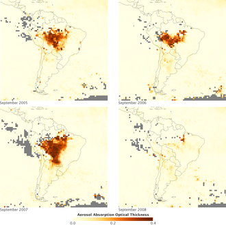 Aerosols over the Amazon each September for four burning seasons (2005 through 2008). The aerosol scale indicates the relative amount of particles that absorb sunlight.