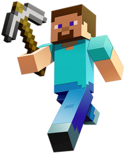 A voxel-like man with a light-blue shirt, purple pants, gray shoes, and brown hair walks to the left with a pickaxe in his right hand.