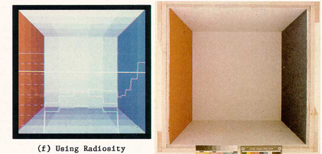 The rendered image is on the left, and photo reference on the right. The ray tracing program was written in C on a VAX-11/780 superminicomputer.