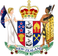A quartered shield, flanked by two figures, topped with a crown