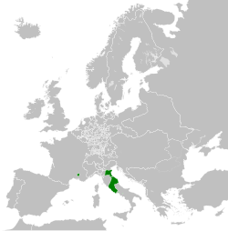 Map of the Papal States (green) at their greatest extent in 1789, including its exclaves of Benevento and Pontecorvo in southern Italy, and the Comtat Venaissin and Avignon in southern France