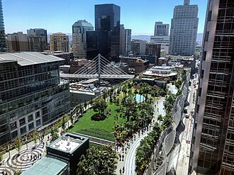 Salesforce Park and bus bridge, seen from Salesforce Tower