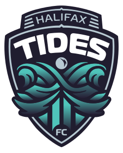 A club crest in the shape of a ship's bow, with waves forming the letter "x" crashing in front of it. The words "Halifax Tides" are written across the top of the ship, and "FC" is written below the waves.