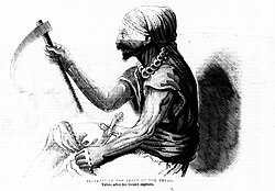 Depiction of a thug in disguise, with his pickaxe and knotted scarf, imagined by a Victorian artist in The Illustrated London News, 1843.