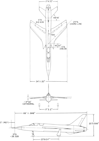 3-view line drawing of the Republic F-105F Thunderchief